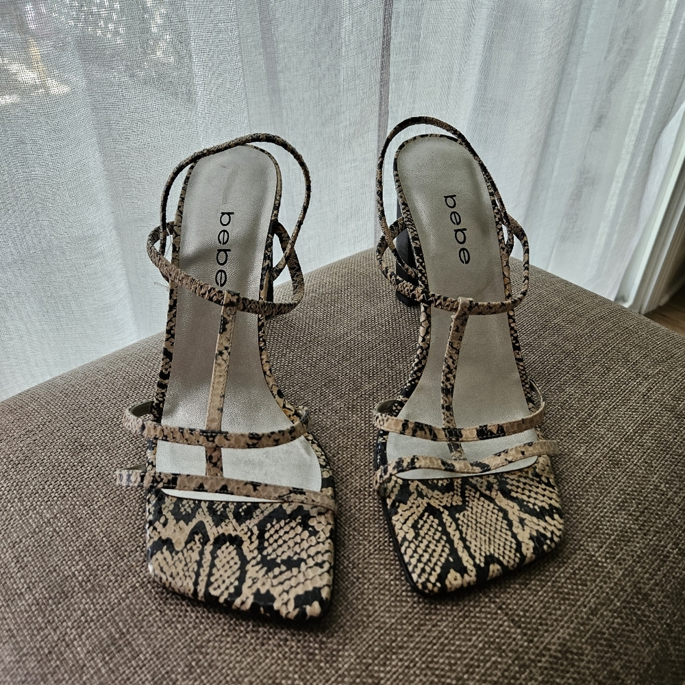 Bebe Black and Cream Snake Print Strappy Heels